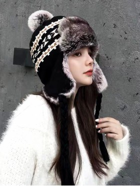 Warm Fur Knitted Hat W/ Ear Flaps & Fur Tassels