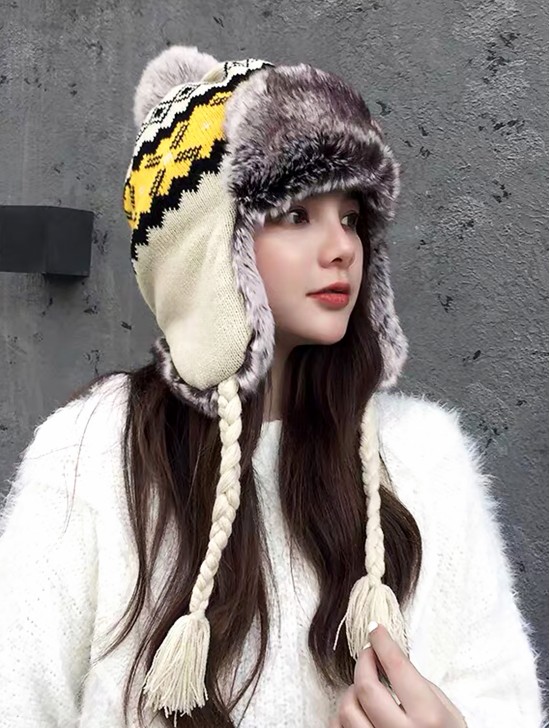 Warm Fur Knitted Hat w/ Ear Flaps & Fur Tassels 
