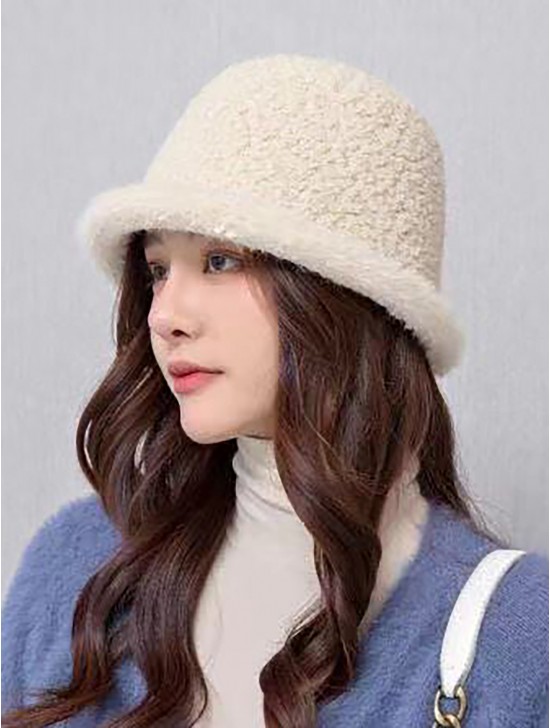 Solid Colour Fuzzy Bucket Hat with Brim