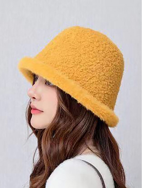 Solid Colour Fuzzy Bucket Hat with Brim