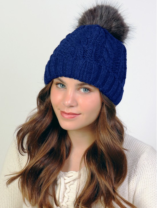 Cable Knitted Camp Hat W/ Pompom (Plush Inside)