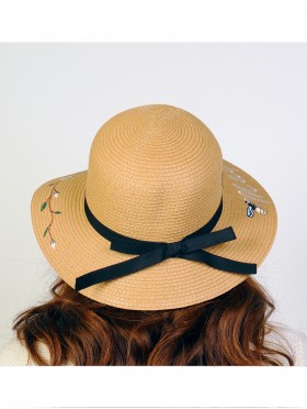 Wide Brim Summer Hat W/ Ribbon Bow and Bee pattern