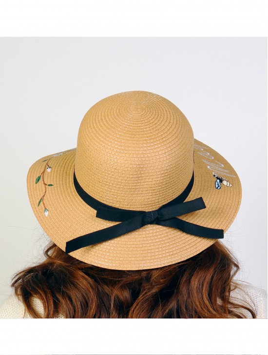 Wide Brim Summer Hat W/ Ribbon Bow and Bee pattern