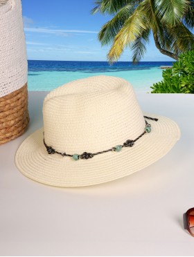 Wide Brim Summer Hat W/ Decorative Beads and Bow