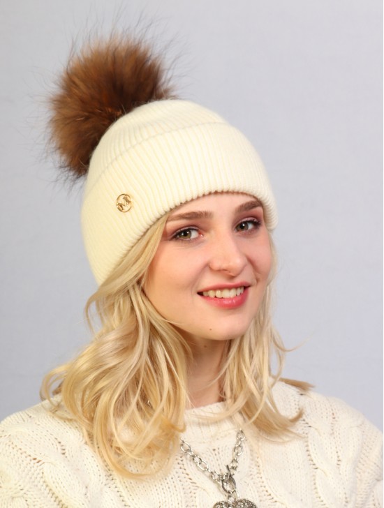 Cashmere Feeling Knitted Hat W/ Fur Pom Pom