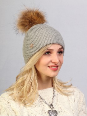 Cashmere Feeling Knitted Hat W/ Fur Pom Pom