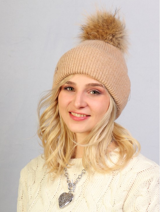 Cashmere Feeling Knitted Hat W/ Fur Pom Pom