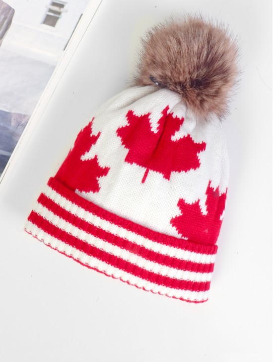 Super Soft Knitted Maple Leaf Hat W/ Pom Pom (Plush Inside)