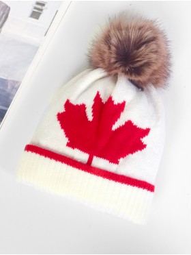 Super Soft Knitted Maple Leaf Hat W/ Pom Pom (Plush Inside)