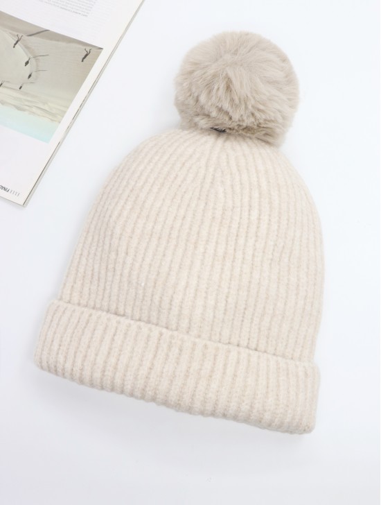 Knitted Lined Hat With Removable Pompom