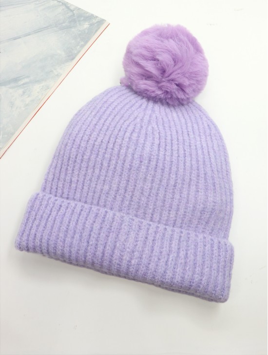 Knitted Lined Hat With Removable Pompom