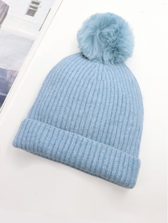 Knitted Lined Hat With Removable Pompom