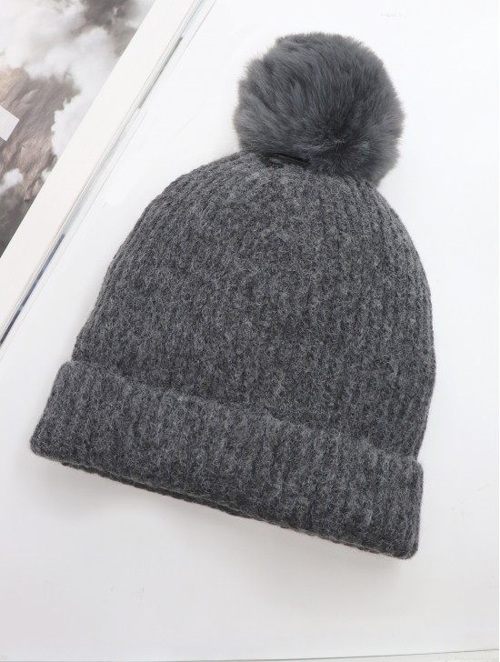Knitted Lined Hat With Removable Pompom