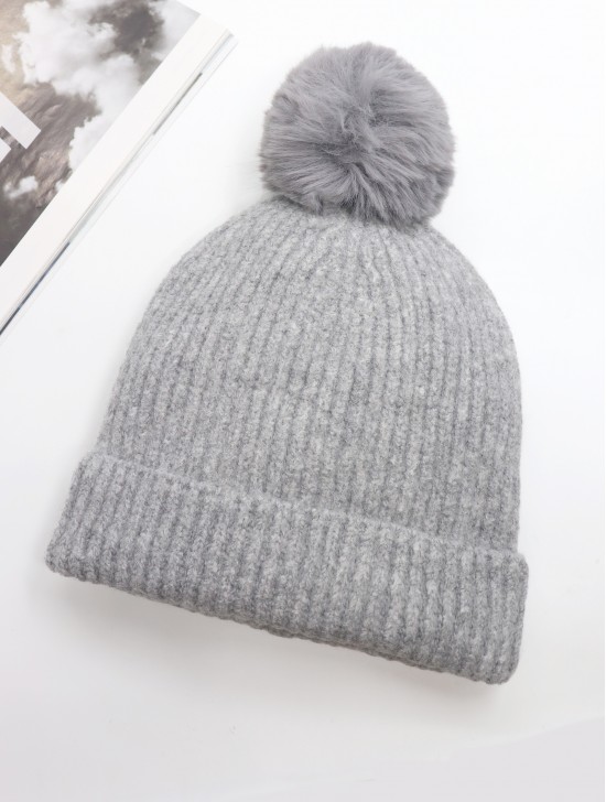 Knitted Lined Hat With Removable Pompom