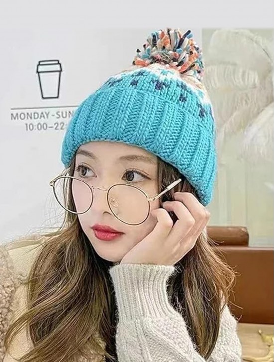 Fashion Knitted Hat W/ Colorful Pompom 