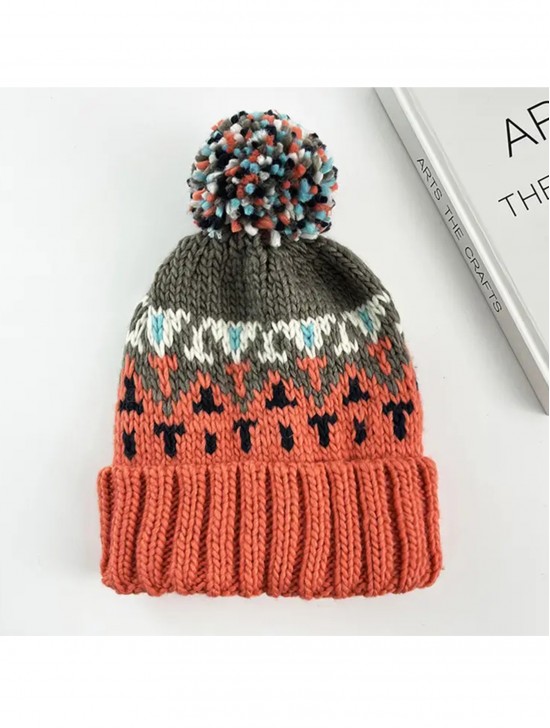 Fashion Knitted Hat W/ Colorful Pompom 