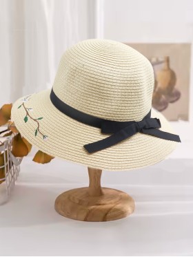 Wide Brim Summer Hat W/ Ribbon Bow and Bee pattern