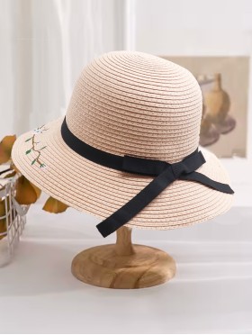 Wide Brim Summer Hat W/ Ribbon Bow and Bee pattern