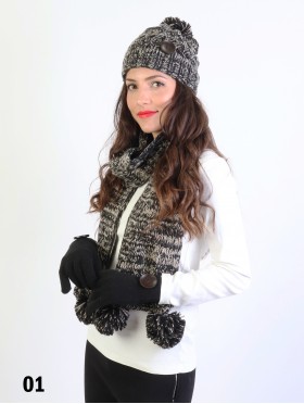 Fashion Knitted Matching Set W/ Pom Pom & Button (Scarf, Hat, Gloves)