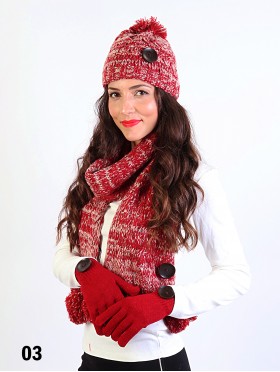 Fashion Knitted Matching Set W/ Pom Pom & Button (Scarf, Hat, Gloves)