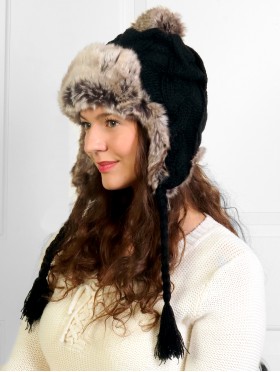 Warm Fur Cable Knitted Hat W/ Ear Flaps & Cable Tassels