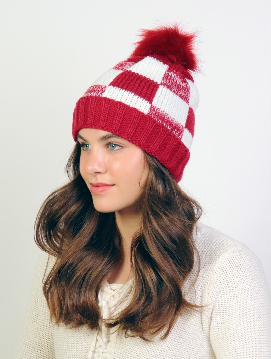 Plaid Knitted Hat W/ Pom Pom