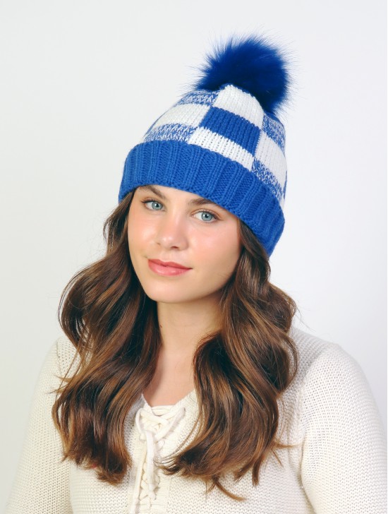 Plaid Knitted Hat W/ Pom Pom