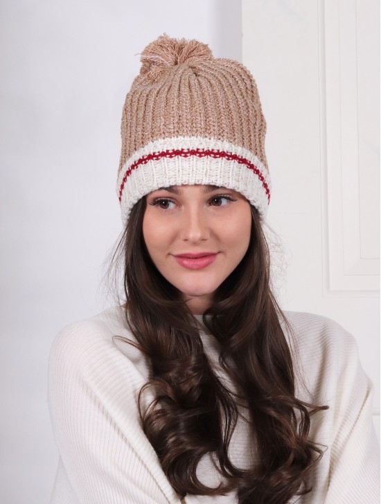 Knitted Double Layer Camp Hat W/Pompom (Plush Inside)