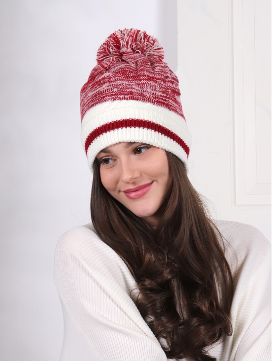 Knitted Double Layer Camp Hat W/Pompom 