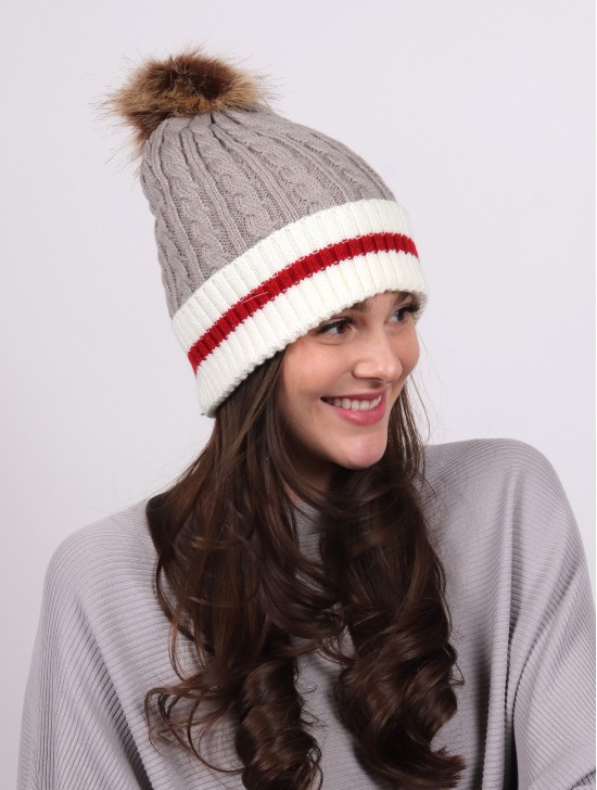 Cable Knitted Camp Hat W/ Pompom (Plush Inside)