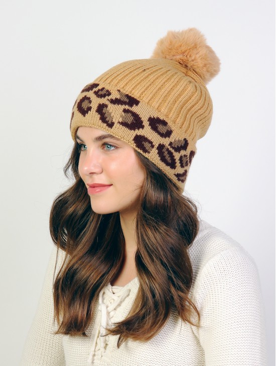 Leopard Pompom Beanie