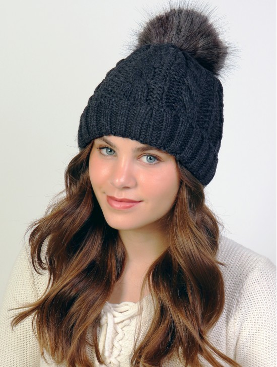 Cable Knitted Camp Hat W/ Pompom (Plush Inside)