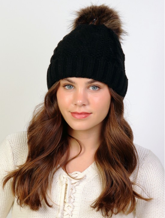 Cable Knitted Camp Hat W/ Pompom (Plush Inside)