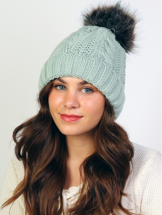 Cable Knitted Camp Hat W/ Pompom (Plush Inside)