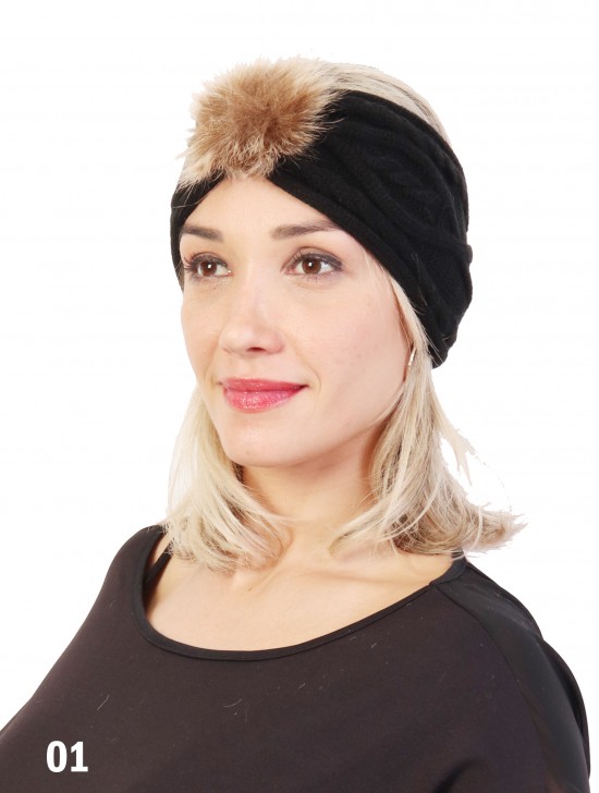Knitted Headband W/ Fur Pom Pom