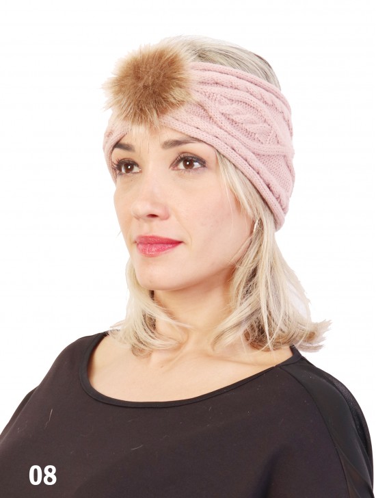 Knitted Headband W/ Fur Pom Pom