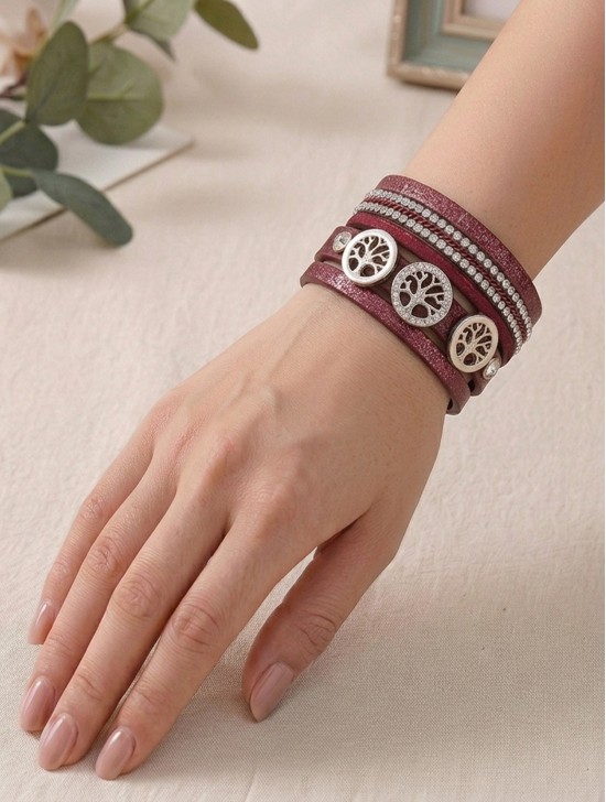 Rhinestone Wrap Magnetic Bracelet W/ Life Tree Charms