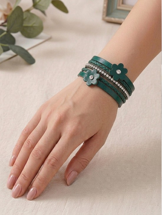Rhinestone Wrap Magnetic Bracelet W/ Flower Charms
