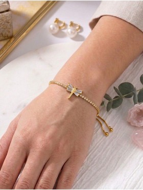 Adjustable Rhinestone Stretch Bracelet W/ Dragonfly 