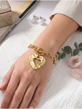 "I Love You" Heart Pendant Link Bracelet
