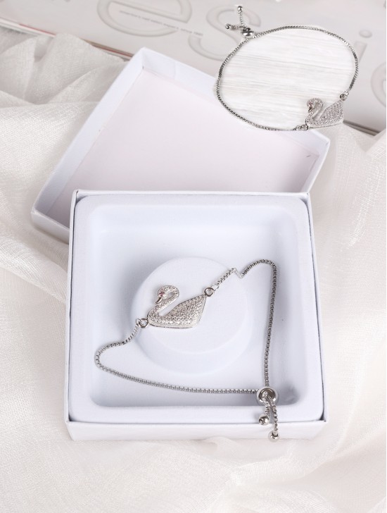 Adjustable Rhinestone Stretch Bracelet W/ Swan Pendant and Gift Box 