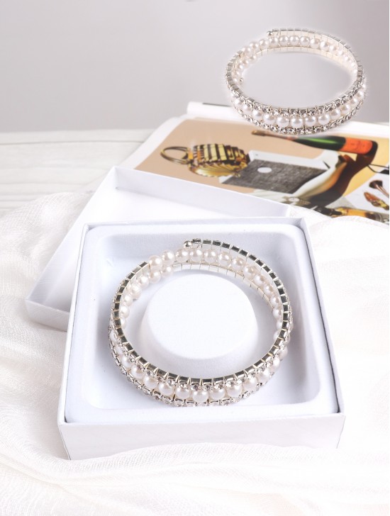 Rhinestone & Pearl Multi-Wrap Stretch Bracelet W/ Gift Box 