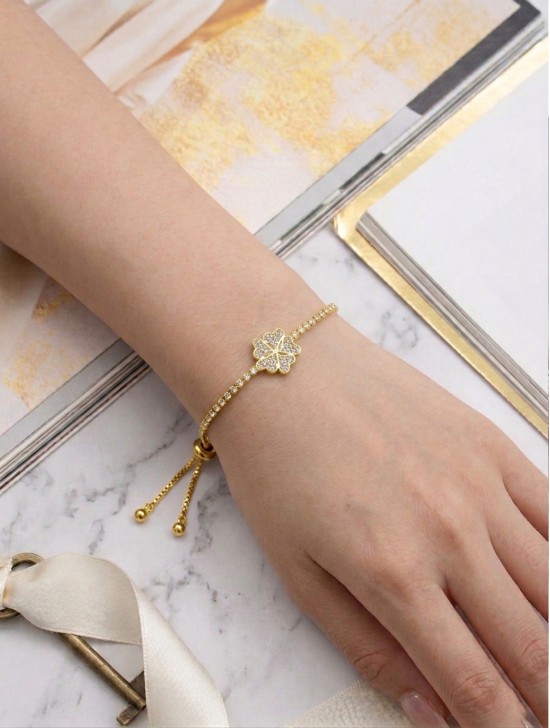 "Family Forever" Flower Heart Adjustable Rhinestone Stretch Bracelet