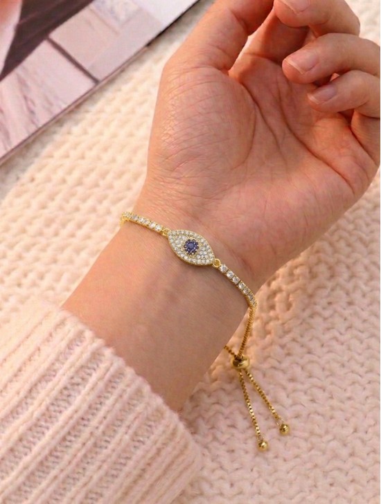 "Evil Eye, Good Luck & Protection" Adjustable Evil Eye Rhinestone Stretch Bracelet 