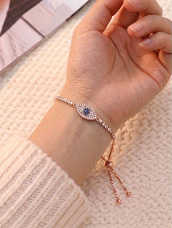 "Evil Eye, Good Luck & Protection" Adjustable Evil Eye Rhinestone Stretch Bracelet 