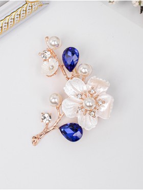 Floral Brooch W/ Tear Drop Rhinestone and Pearl Details