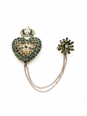 Two Piece Crowned Heart Brooch w/ Pearls and Rhinestones