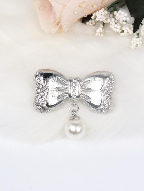 Rhinestone and Pearl Bowknot Brooch Clip