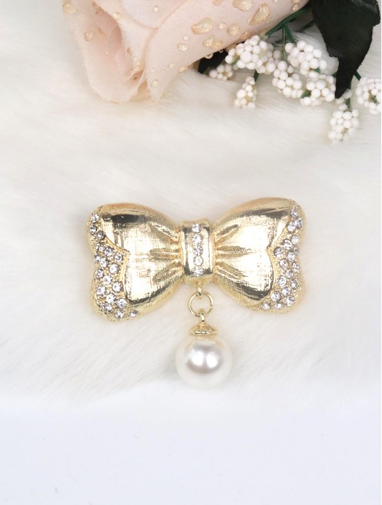 Rhinestone and Pearl Bowknot Brooch Clip