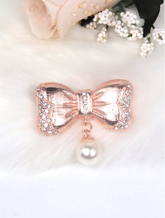 Rhinestone and Pearl Bowknot Brooch Clip